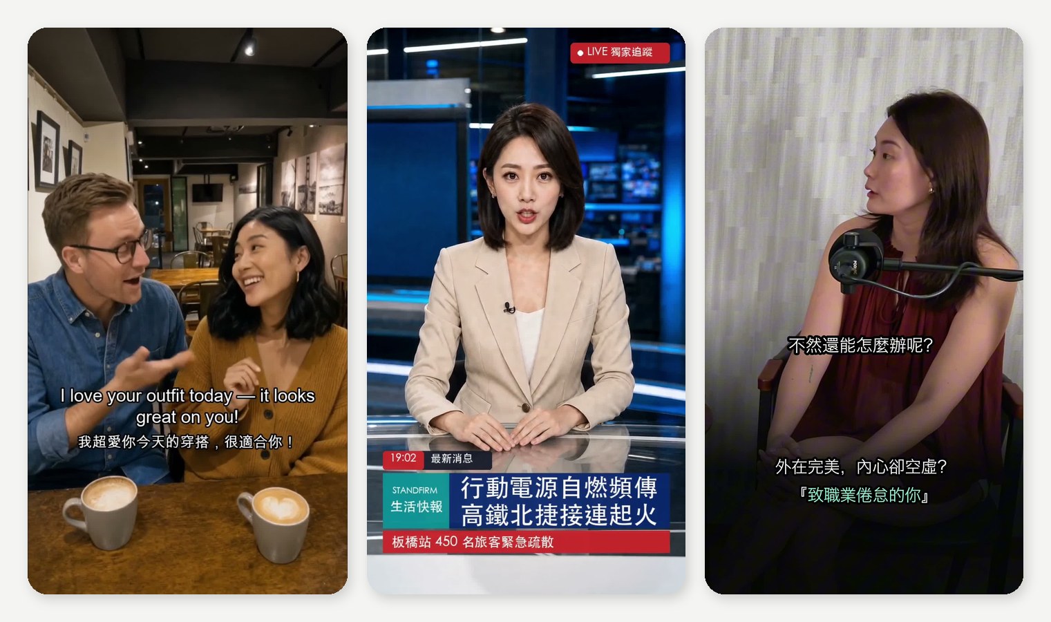 三支這週用 AI 做的直式短影音:左為咖啡廳情境的英語教學片(中英雙語字幕)、中為新聞主播快報式短影音(含新聞下標條)、右為訪談 podcast 剪成的直版 Reels(常駐標題+逐句字幕)