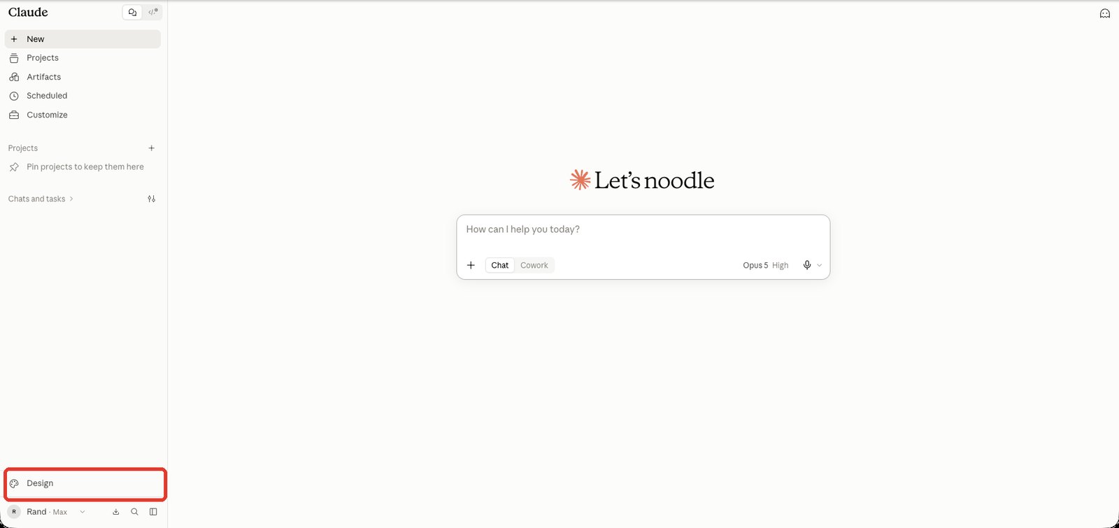 claude.ai 的左側側欄，最底下有一個 Design 入口，圖中用紅框標出